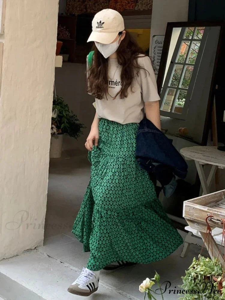 Korean Style Informal Timeless Women’s Maxi Floral Skirt Relaxed A-line skirt-250126