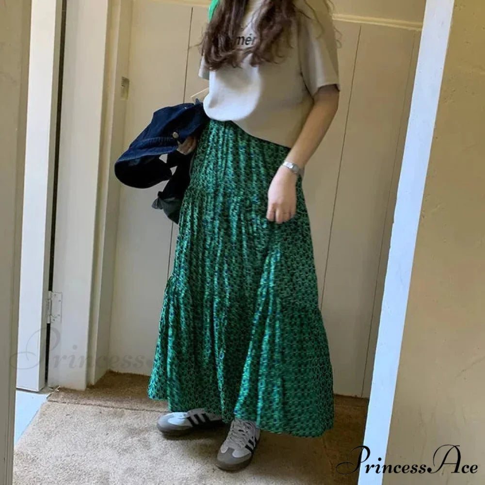 Korean Style Informal Timeless Women’s Maxi Floral Skirt Relaxed A-line Green / S skirt-250126