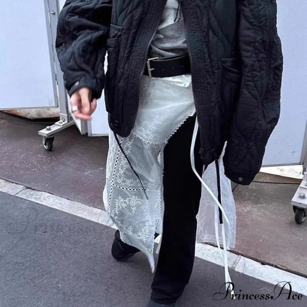 Korean Style Lace Mesh Overlay Long Retro Skirt White / One Size