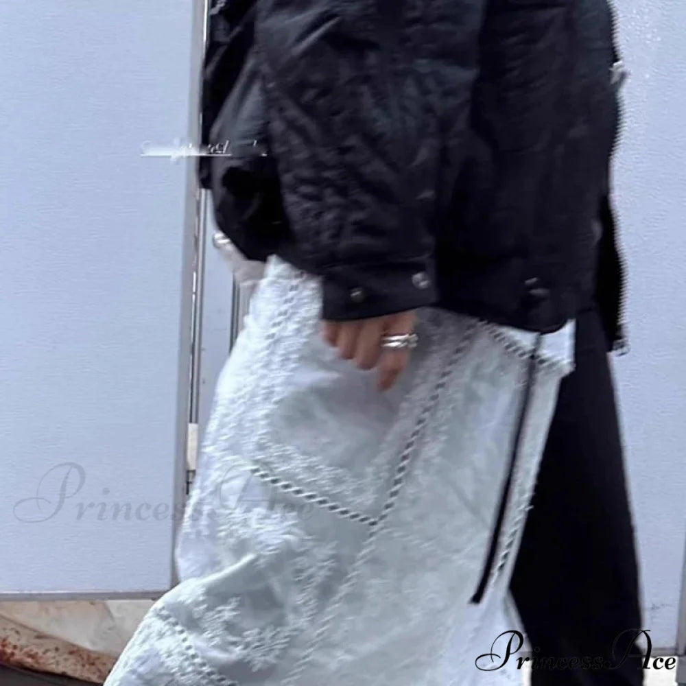 Korean Style Lace Mesh Overlay Long Retro Skirt White / One Size