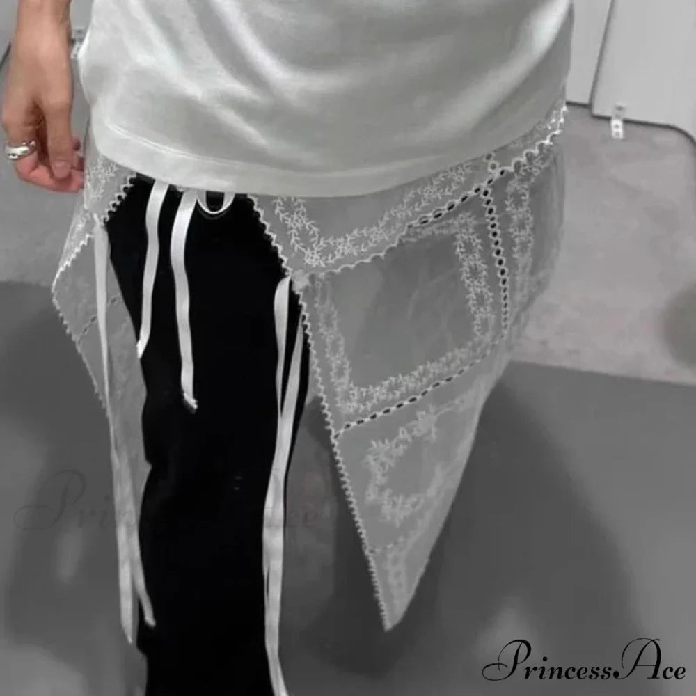 Korean Style Lace Mesh Overlay Long Retro Skirt White / One Size