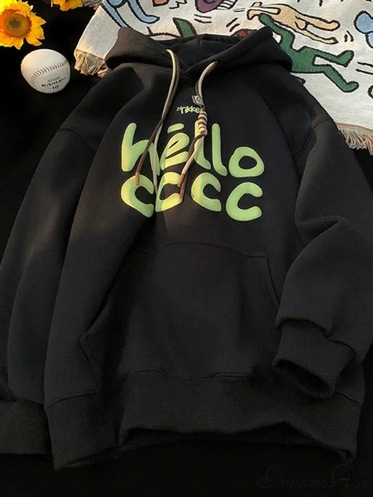 Korean Style Letter Printed Fleece Hoodie Black / M(40-50KG) hoodies-241228