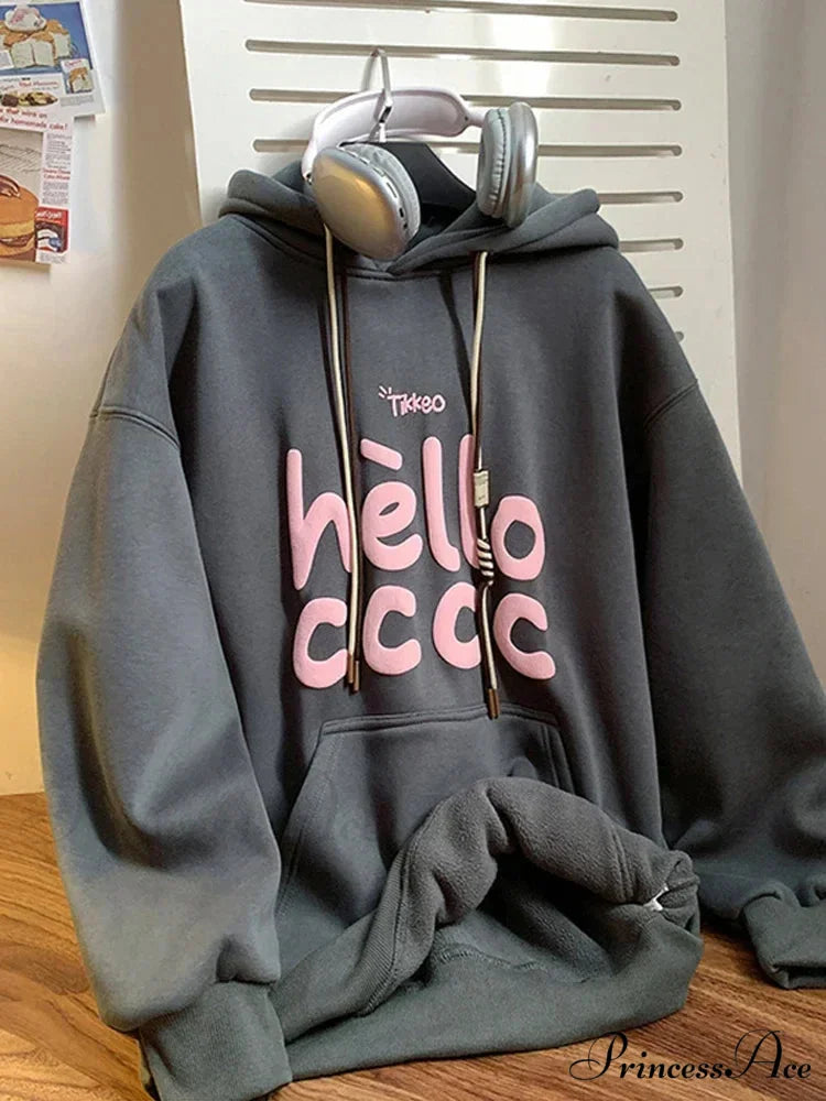 Korean Style Letter Printed Fleece Hoodie Dark Grey / M(40-50KG) hoodies-241228