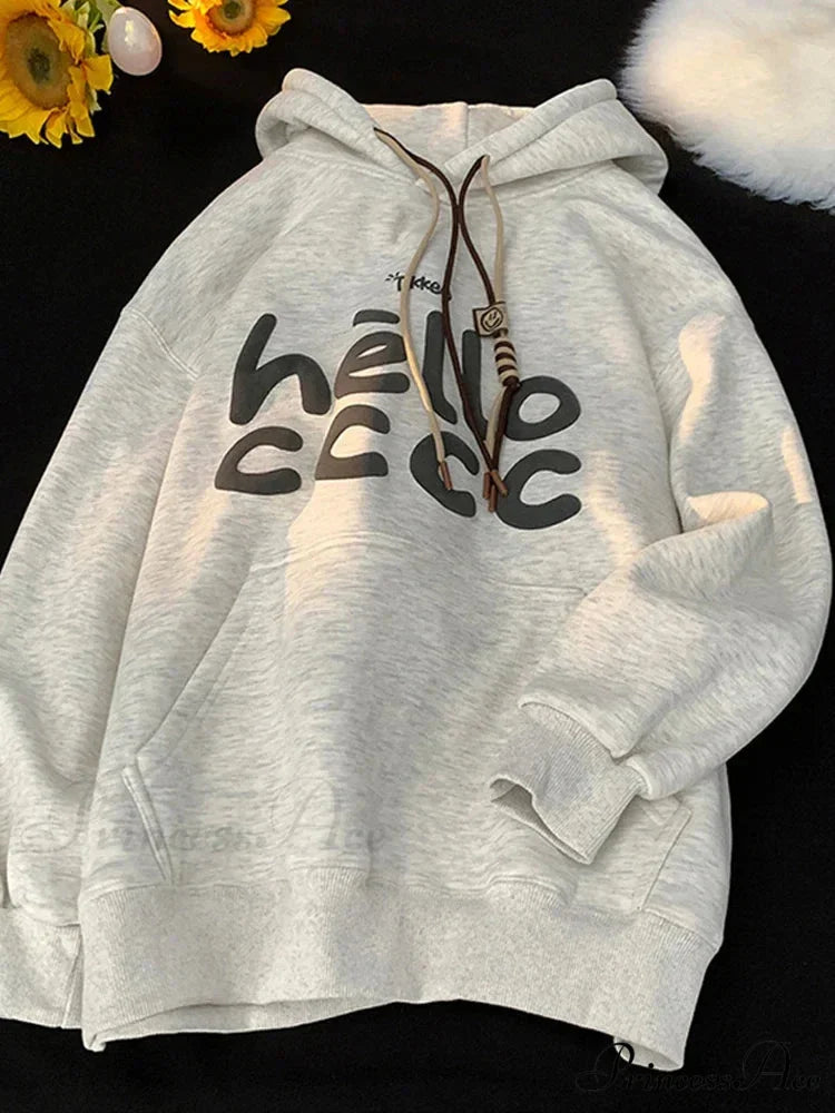 Korean Style Letter Printed Fleece Hoodie GRAY / M(40-50KG) hoodies-241228