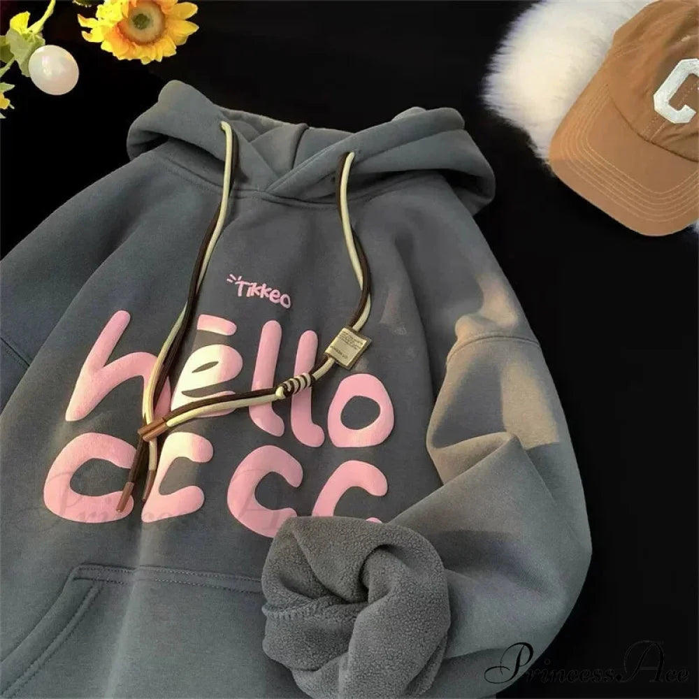 Korean Style Letter Printed Fleece Hoodie hoodies-241228