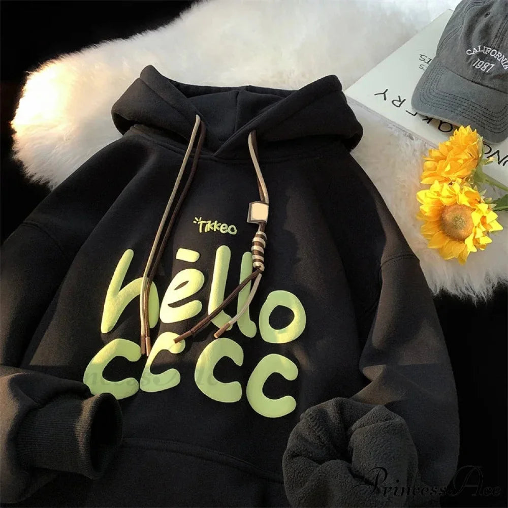 Korean Style Letter Printed Fleece Hoodie hoodies-241228