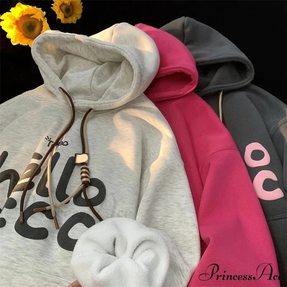 Korean Style Letter Printed Fleece Hoodie hoodies-241228