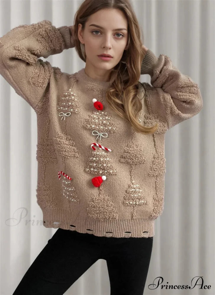 Korean Style O Neck Casual Loose Jumper Chic Bow Christmas Christmas Sweater Khaki / S