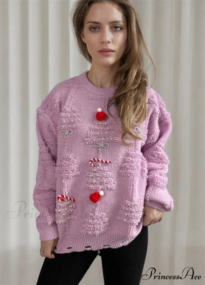 Korean Style O Neck Casual Loose Jumper Chic Bow Christmas Christmas Sweater Light Purple / S