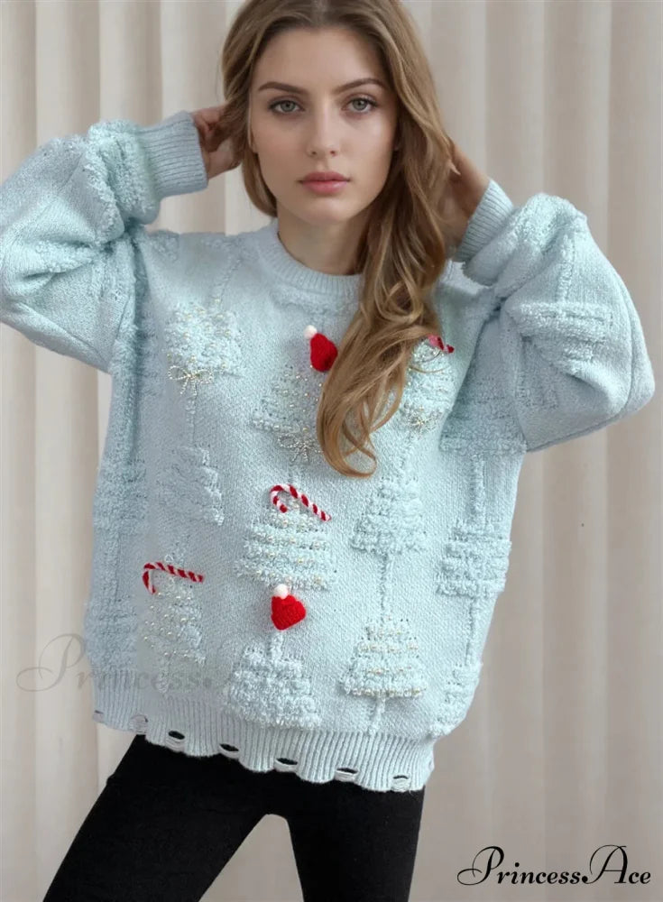 Korean Style O Neck Casual Loose Jumper Chic Bow Christmas Christmas Sweater White / S