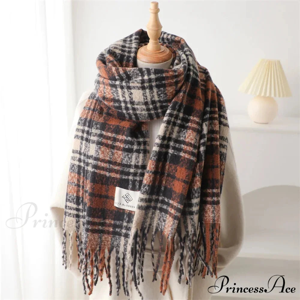 Korean Style Plaid Cashmere Pashmina Wrap Scarf - Winter Warm and Thick BLACK-ORANGE