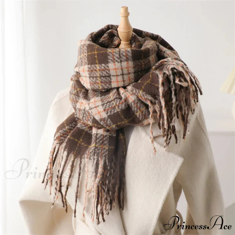 Korean Style Plaid Cashmere Pashmina Wrap Scarf - Winter Warm and Thick BROWN