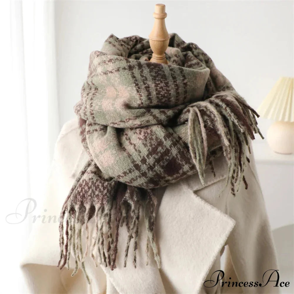 Korean Style Plaid Cashmere Pashmina Wrap Scarf - Winter Warm and Thick GREY GREEN