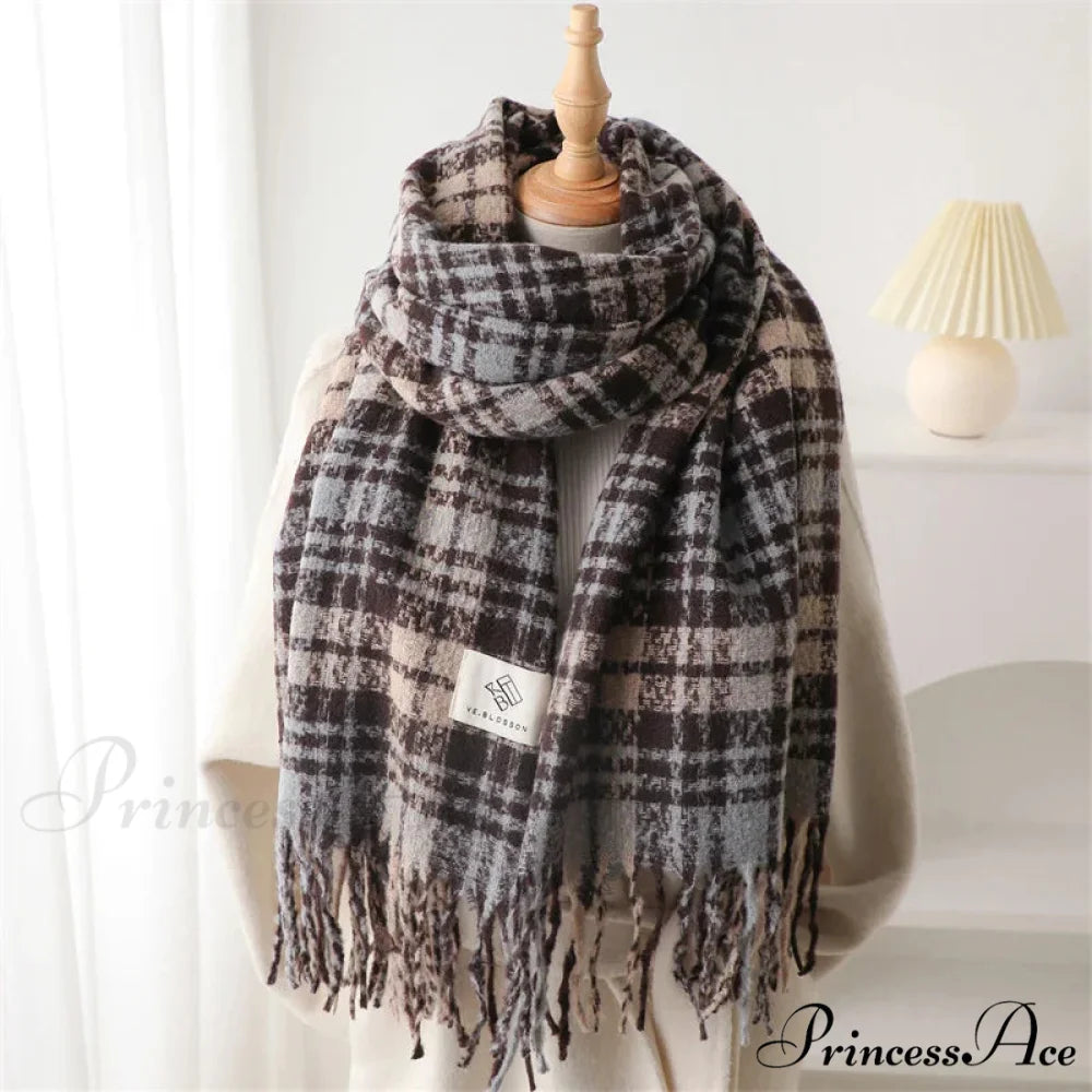 Korean Style Plaid Cashmere Pashmina Wrap Scarf - Winter Warm and Thick LIGHT BLUE