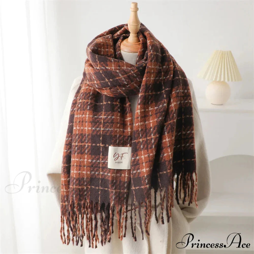 Korean Style Plaid Cashmere Pashmina Wrap Scarf - Winter Warm and Thick ORANGE