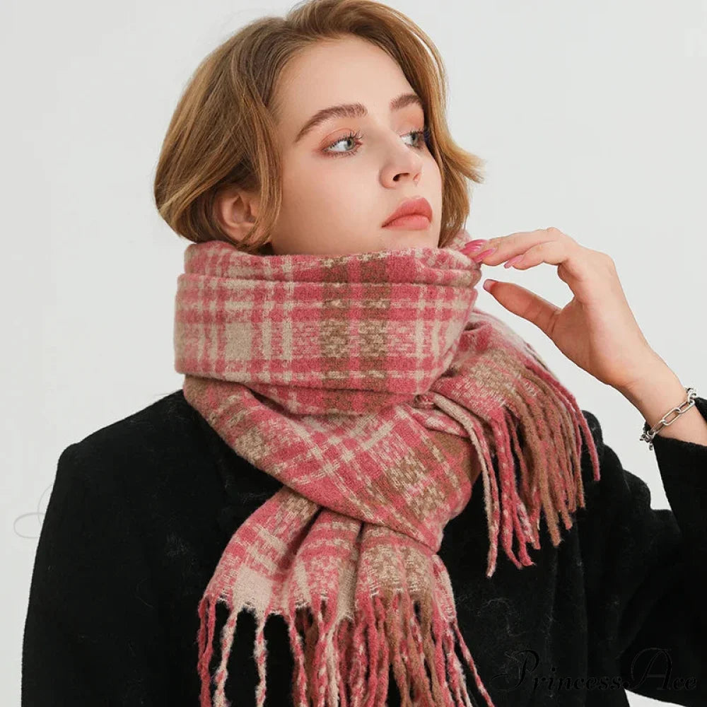 Korean Style Plaid Cashmere Pashmina Wrap Scarf - Winter Warm and Thick PINK