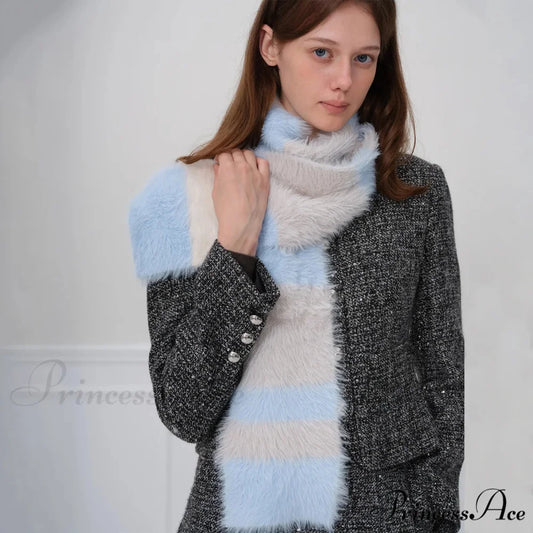 Korean Style Soft Warm Stripe Knitted Scarf for Autumn/Winter Blue and beige / L173CM W14CM