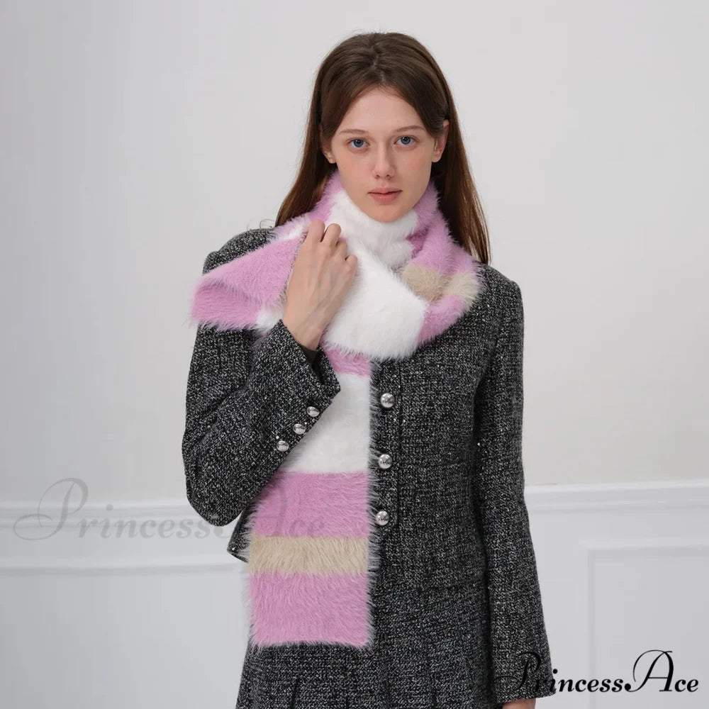 Korean Style Soft Warm Stripe Knitted Scarf for Autumn/Winter Pink and white / L173CM W14CM