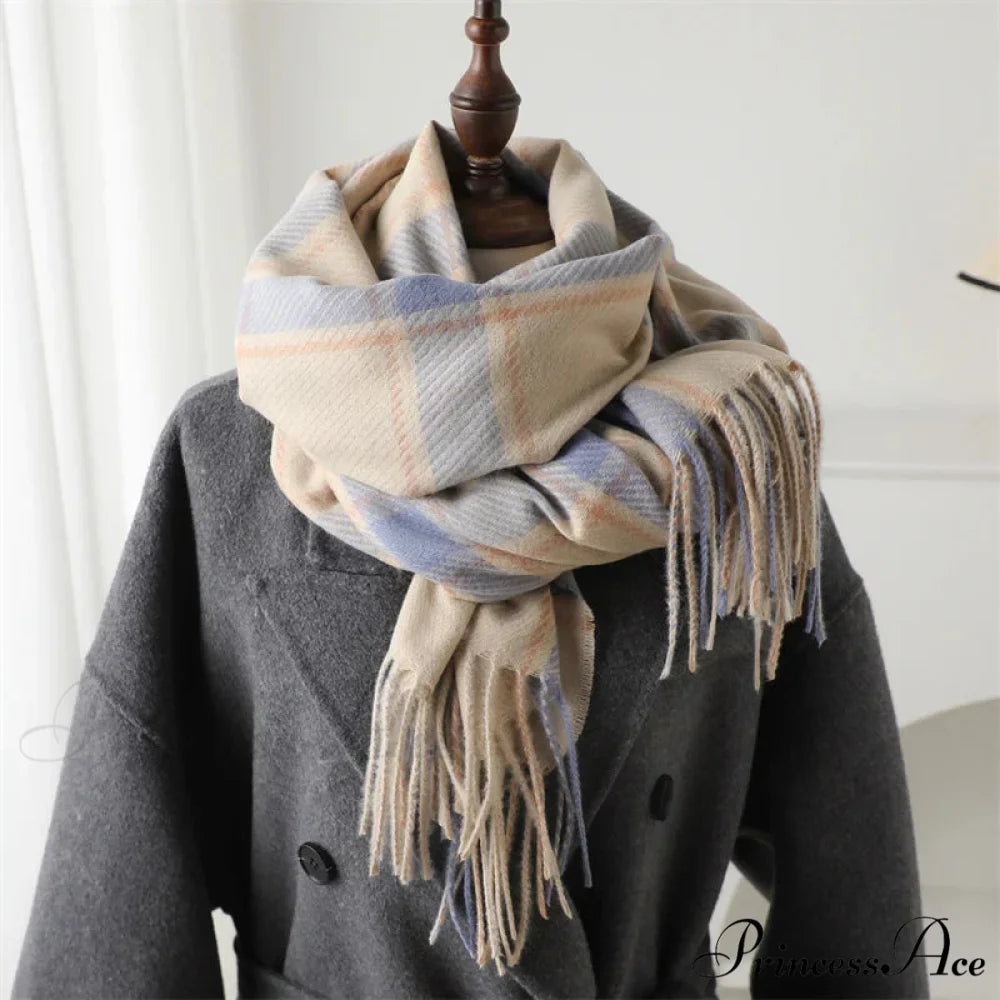 Korean Style Thick Warm Shawl Wrap Plaid Cashmere Blanket Scarf BEIGE