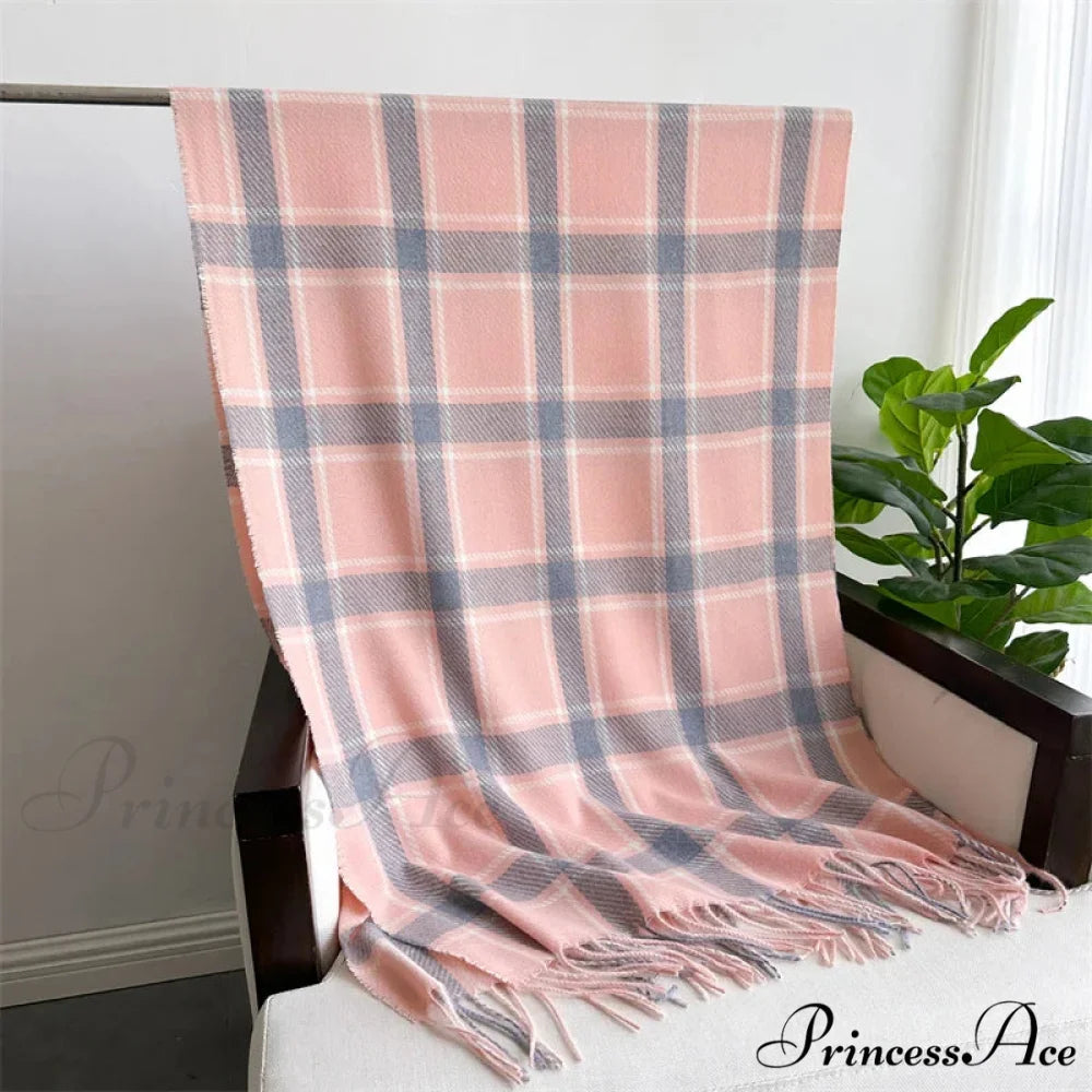 Korean Style Thick Warm Shawl Wrap Plaid Cashmere Blanket Scarf PINK