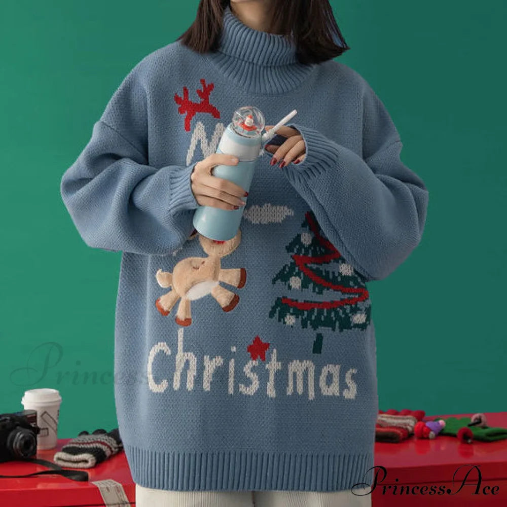 Korean Style Wild Loose Casual Loose Sweater Blue / M