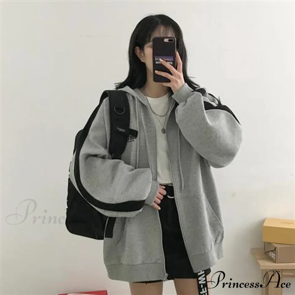 Korean Version Zip Up Loose Oversized Hoodie Black Grey / S