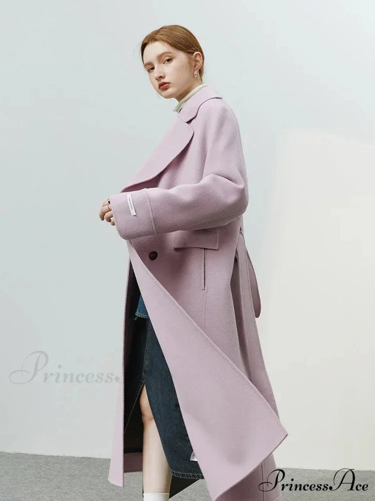 Korean Woolen Autumn Winter Solid Office Double-sided Mid-length Chic Coat PURPLE / S