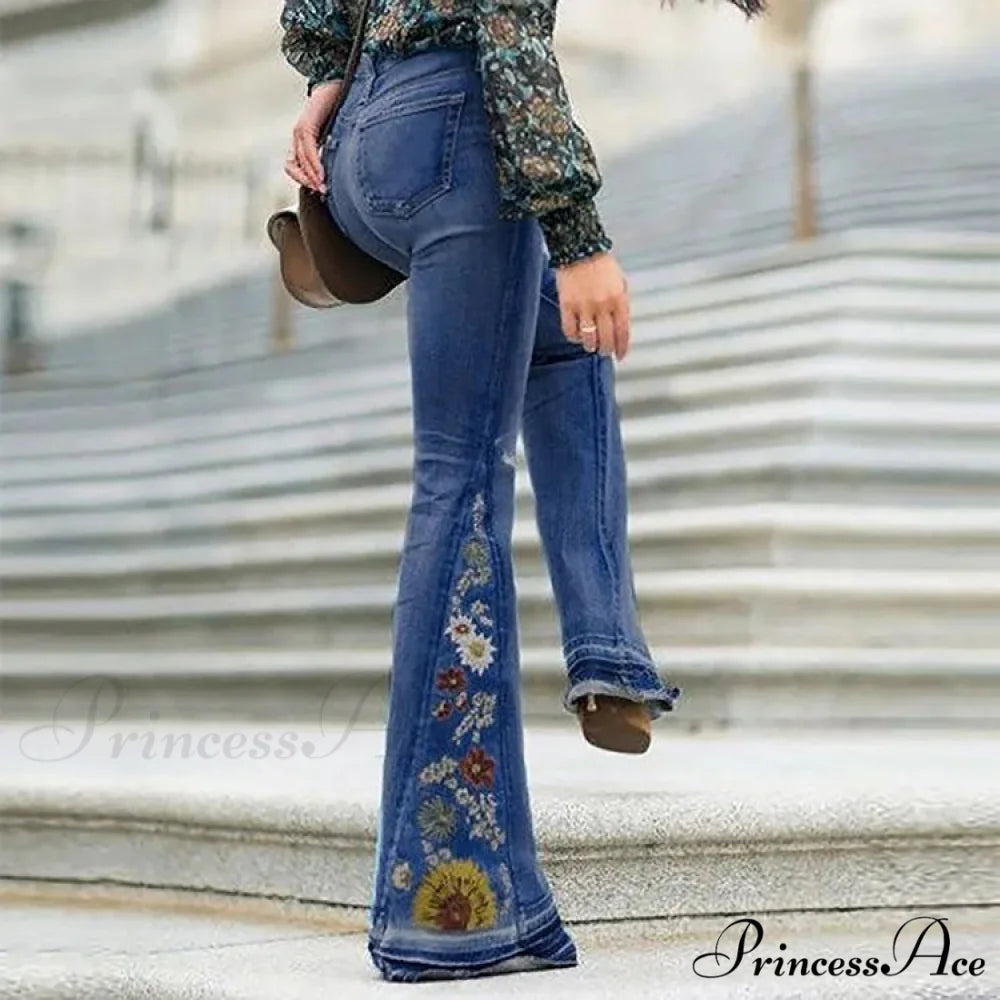 Korean Y2K Streetwear Flared Denim Wide Leg Jeans Dark Blue / XS