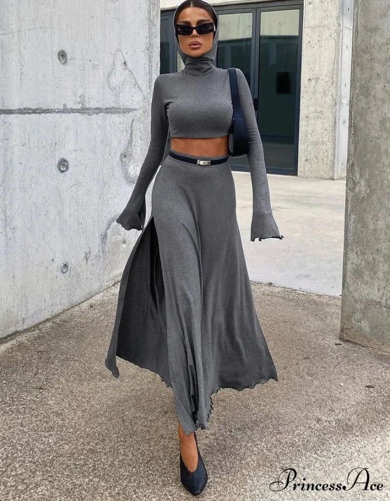 KORI KNITTED Stylish TWO PIECE SET Grey / M