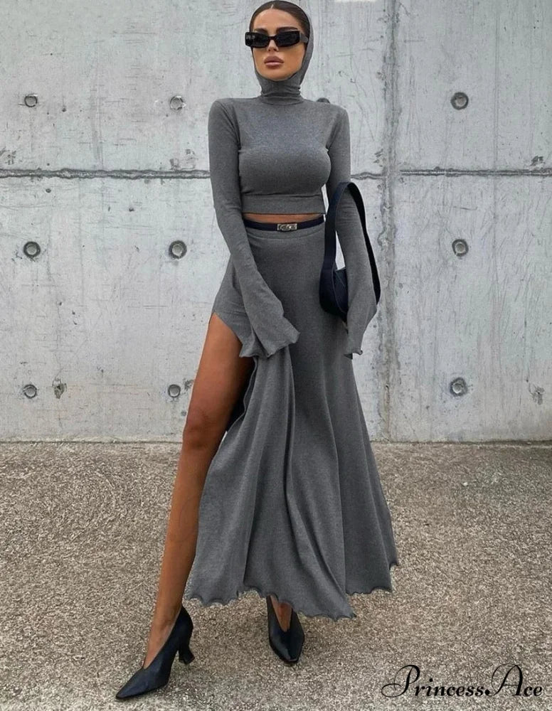 KORI KNITTED Stylish TWO PIECE SET Grey / S