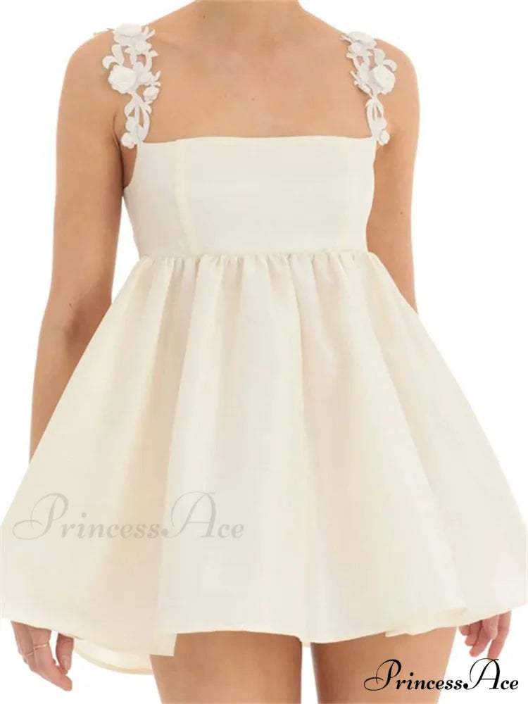 Lace A line Sleeveless Spaghetti Strap Square Neck Mini Dress WHITE / S