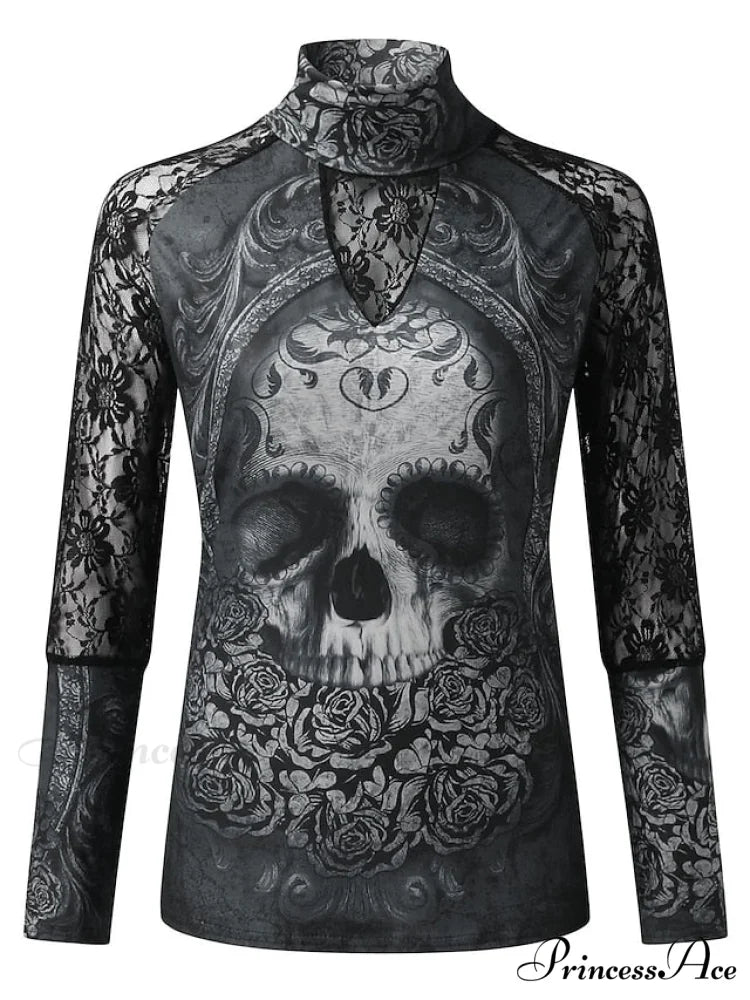 Lace Arm Skull Design Women’s Black Neck Long High T-Shirt