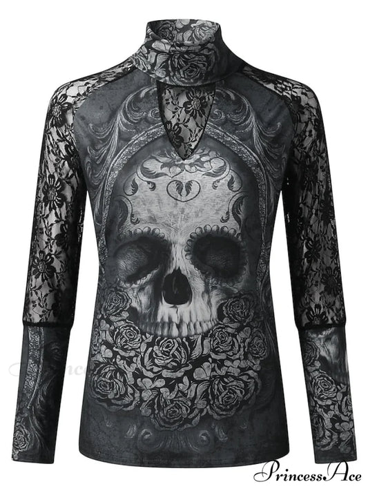 Lace Arm Skull Design Women’s Black Neck Long High T-Shirt