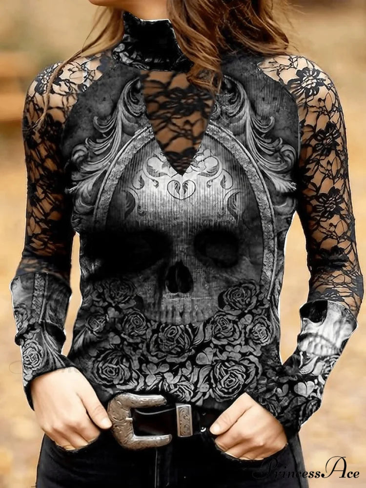 Lace Arm Skull Design Women’s Black Neck Long High T-Shirt Black / S