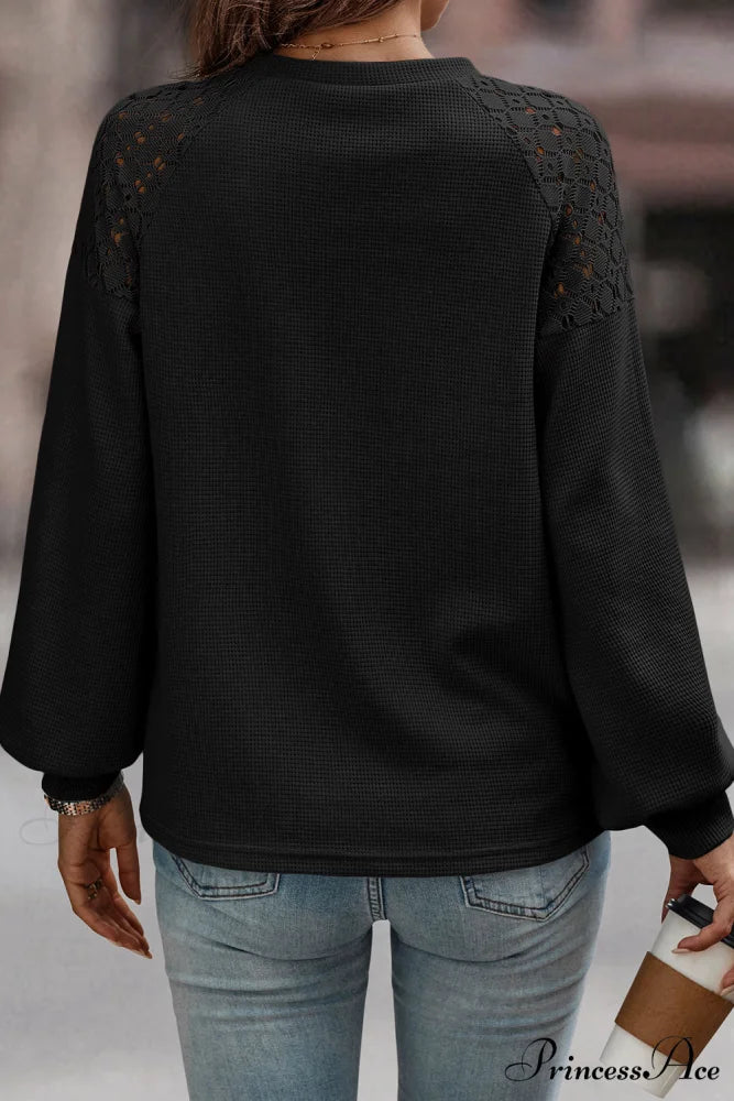 Lace Arm Textured Top Long for Casual Black Women