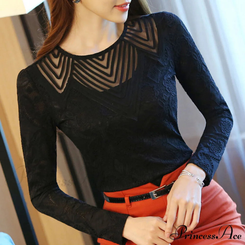 Lace Autumn/Winter Round Neck Long Arm Women’s Mesh Slim Bottoming Blouse - Hollow Velvet Warm Plus Korean Shirt Black