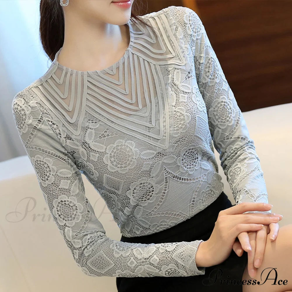 Lace Autumn/Winter Round Neck Long Arm Women’s Mesh Slim Bottoming Blouse - Hollow Velvet Warm Plus Korean Shirt Gray