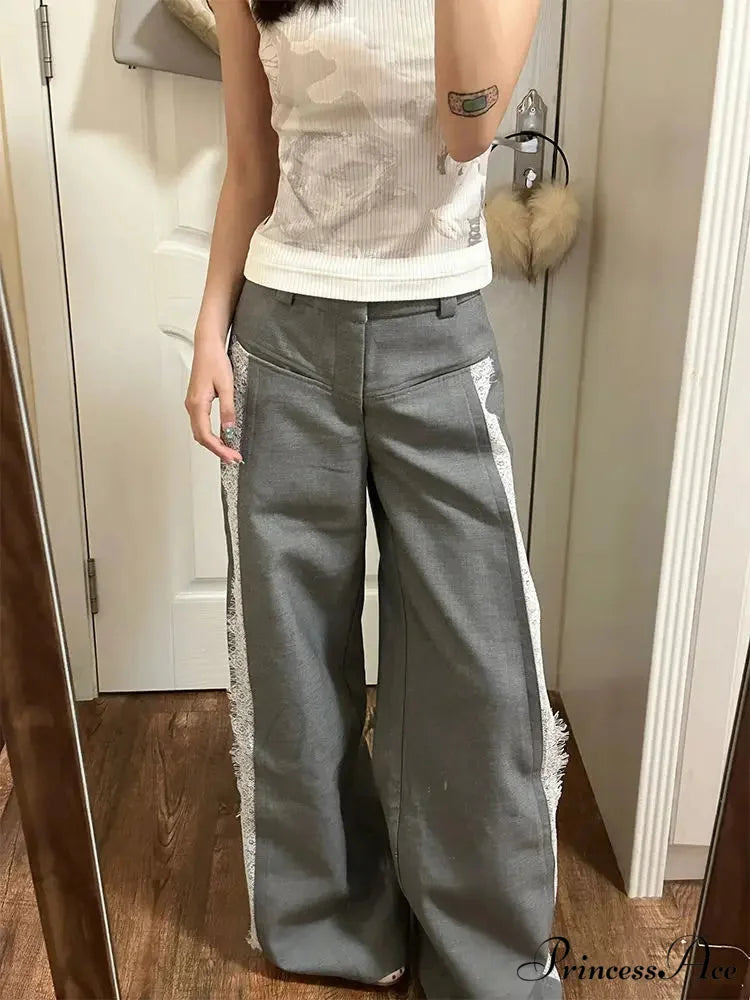 Lace Baggy High Charming Waist Loose Trousers Grey / XL