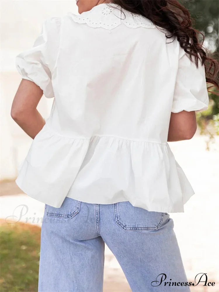 Lace Brief Sleeve Front Fasten Blouse blouse-250223