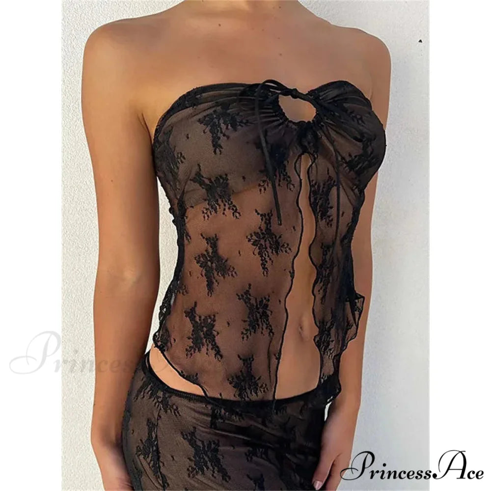 Lace Bustiers Corsets Strapless Off Shoulder Tubes Party Mesh See Through Tank Summer Mini Vest 2024 New Tank top Black