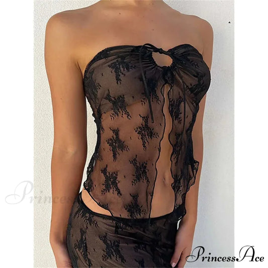 Lace Bustiers Corsets Strapless Off Shoulder Tubes Party Mesh See Through Tank Summer Mini Vest 2024 New Tank top Black