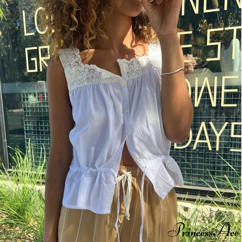 Lace Button Up Short Top WHITE / S croptop-250223