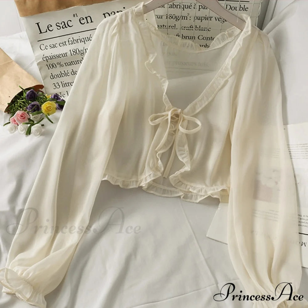Lace - Cardigan Sun Blouse Blouse - Protection Thin Coat Bow Women’s Warm-Season Cover Apricot / One Size