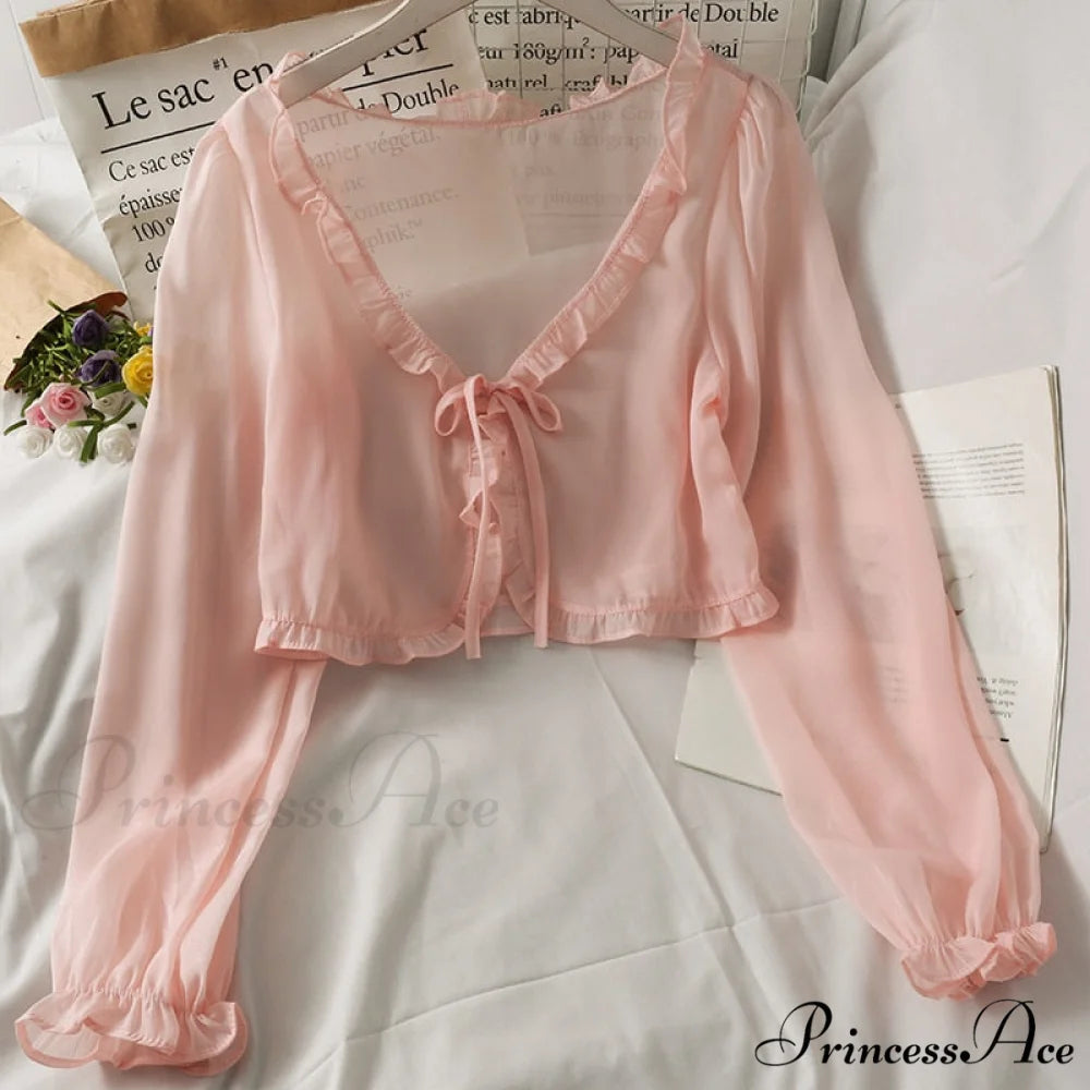 Lace - Cardigan Sun Blouse Blouse - Protection Thin Coat Bow Women’s Warm-Season Cover Pink / One Size