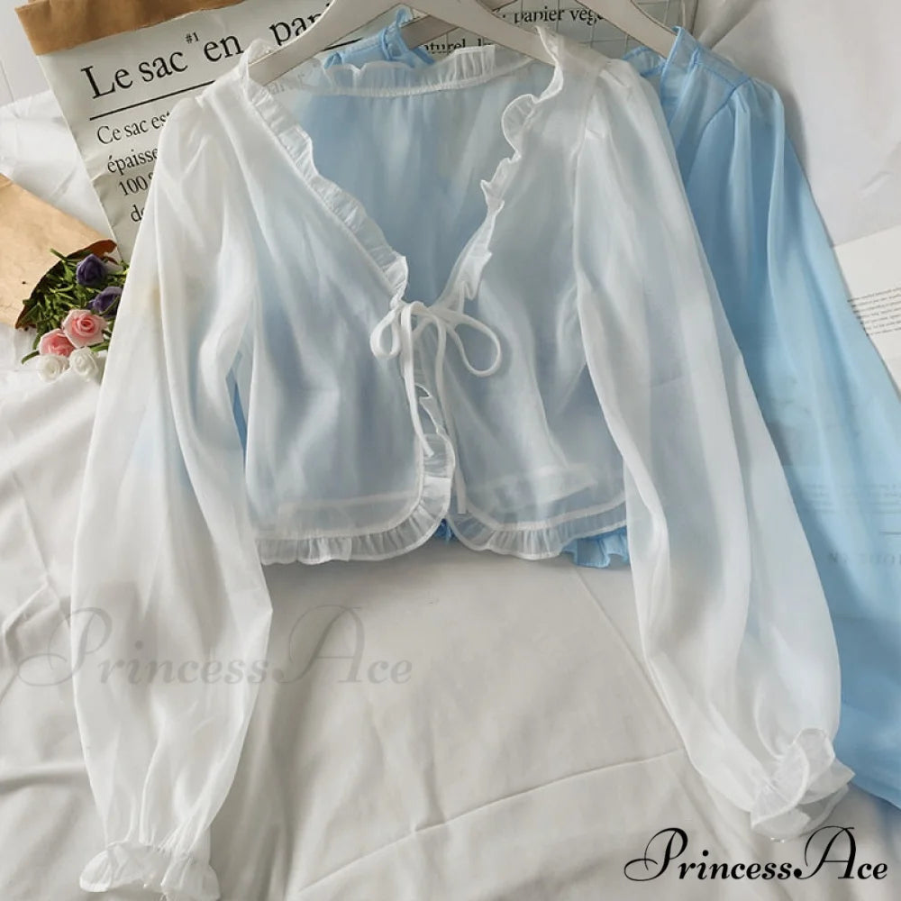 Lace - Cardigan Sun Blouse Blouse - Protection Thin Coat Bow Women’s Warm-Season Cover white / One Size