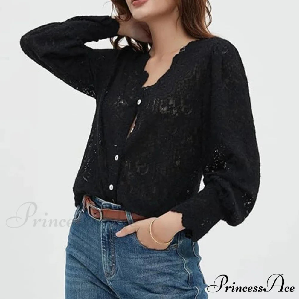 Lace Deep-Neck Floral Classic Long Sleeve Boho Blouse Black / S bohoblouse-250126