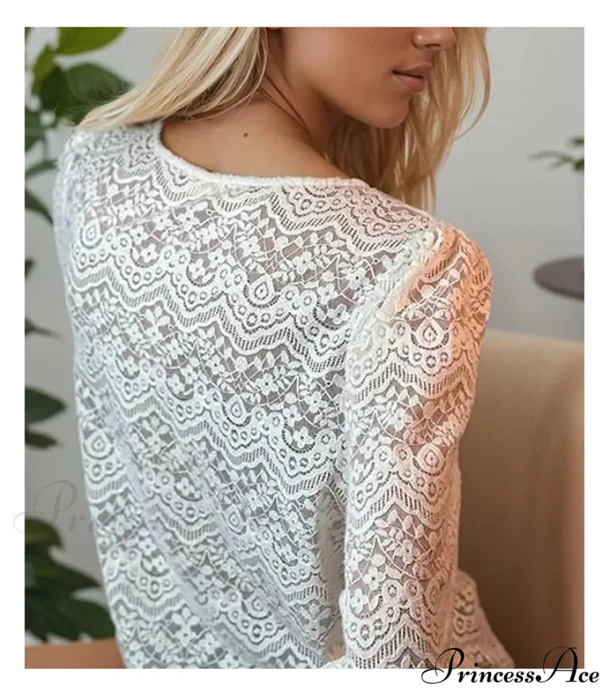 Lace Deep-Neck Floral Classic Long Sleeve Boho Blouse bohoblouse-250126