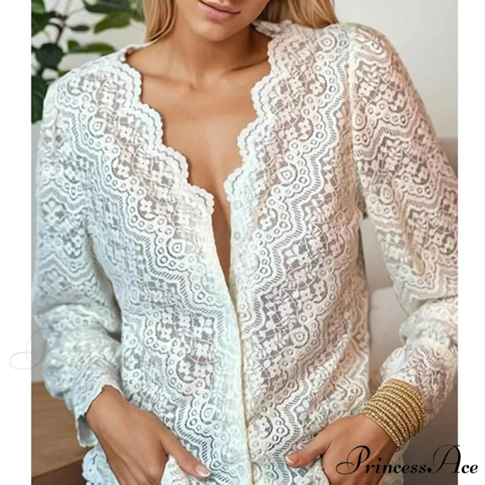 Lace Deep-Neck Floral Classic Long Sleeve Boho Blouse bohoblouse-250126