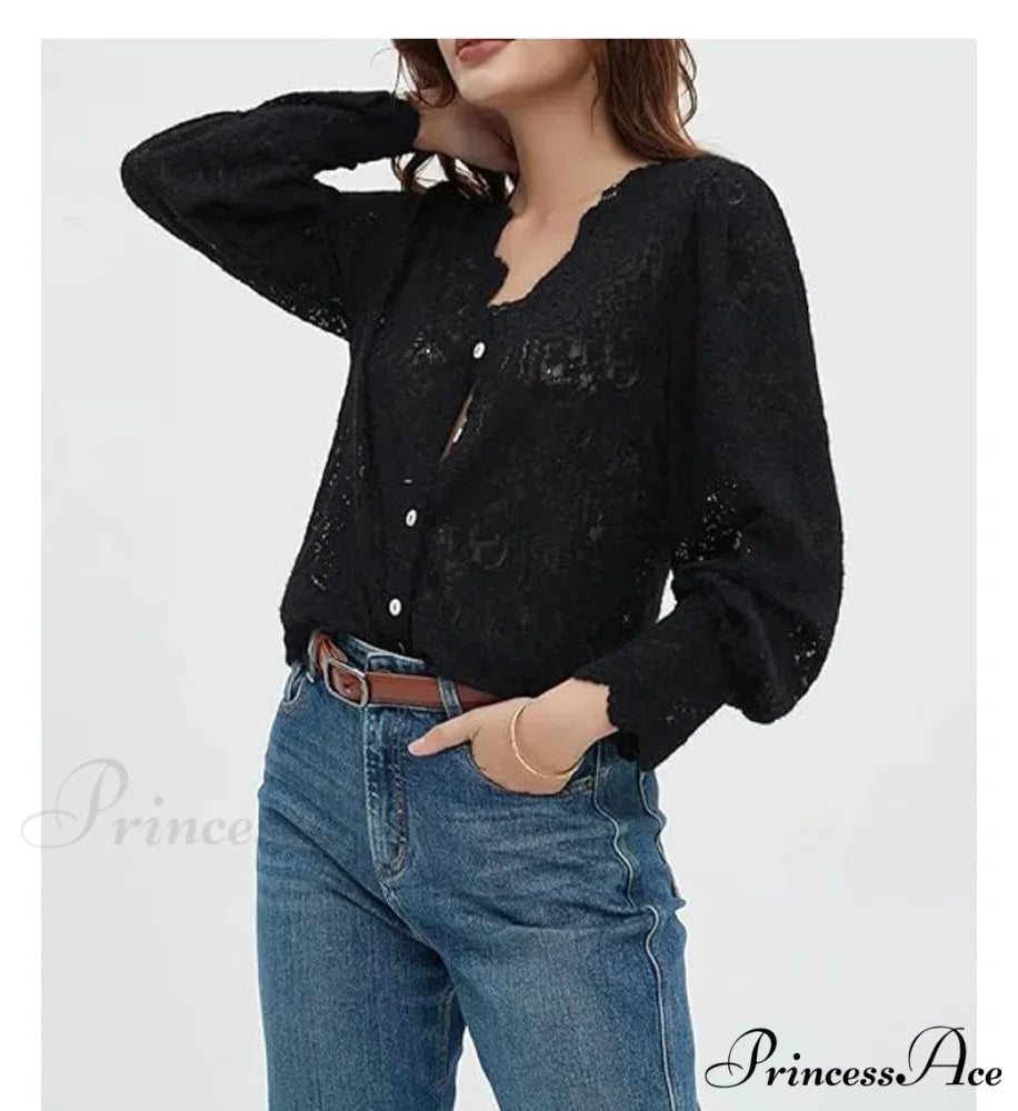 Lace Deep-Neck Floral Classic Long Sleeve Boho Blouse bohoblouse-250126