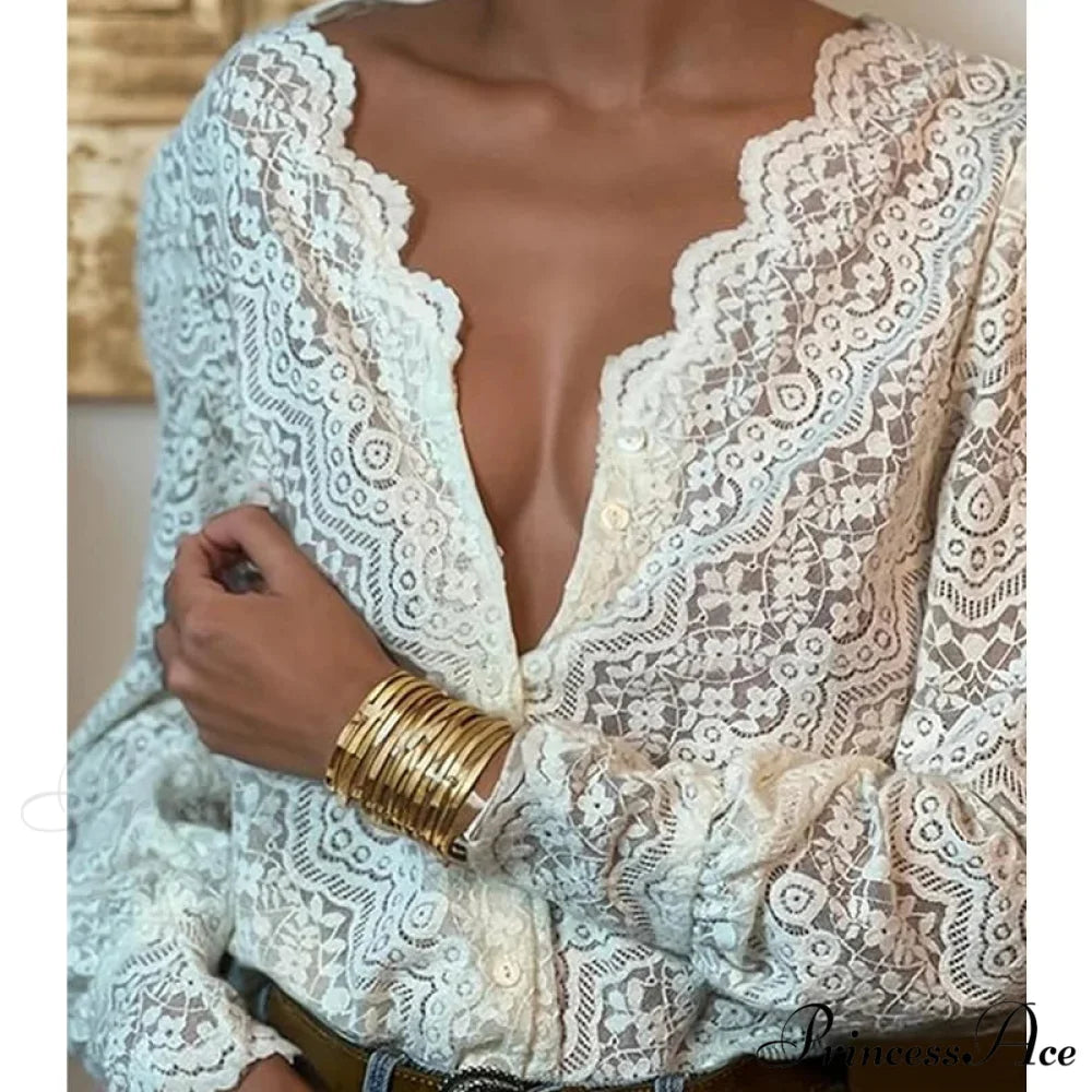 Lace Deep-Neck Floral Classic Long Sleeve Boho Blouse bohoblouse-250126